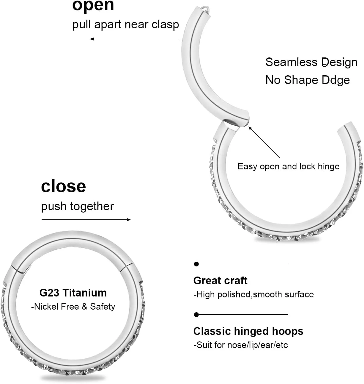 BLISI 2PCS G23 Titanium Nose Rings Hoop 18G 16G Clear CZ Lined Hypoallergenic Conch Helix Cartilage Daith Earrings Hoop 8mm 10mm Septum Rings Silver and Gold Lip Hinged Segment