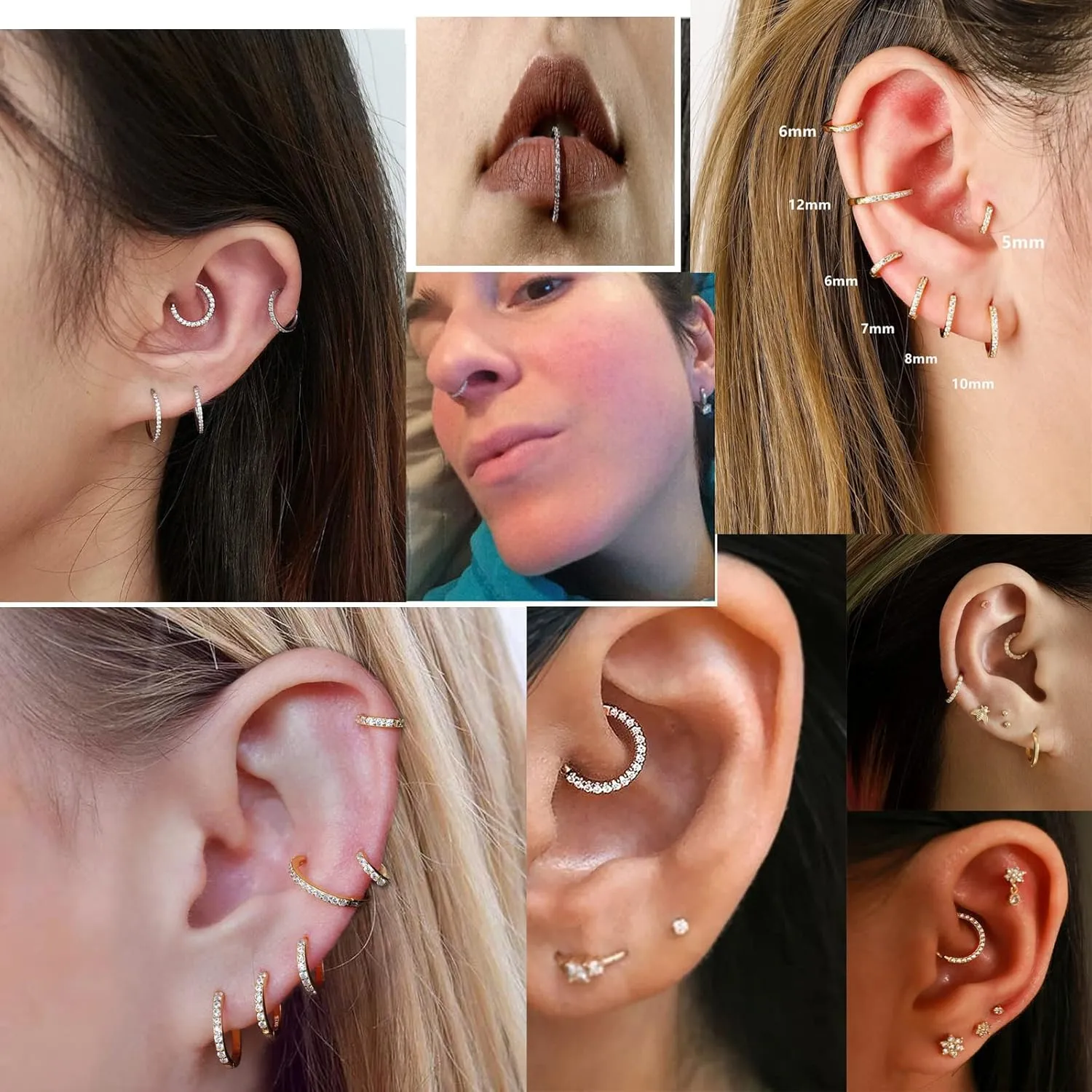 BLISI 2PCS G23 Titanium Nose Rings Hoop 18G 16G Clear CZ Lined Hypoallergenic Conch Helix Cartilage Daith Earrings Hoop 8mm 10mm Septum Rings Silver and Gold Lip Hinged Segment