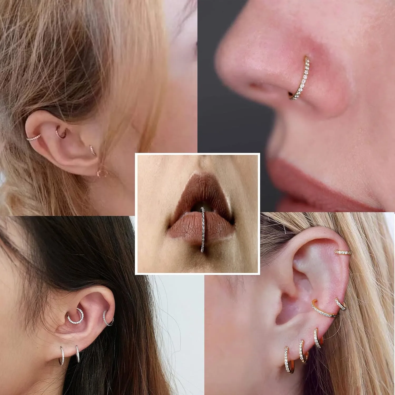 BLISI 2PCS G23 Titanium Nose Rings Hoop 18G 16G Clear CZ Lined Hypoallergenic Conch Helix Cartilage Daith Earrings Hoop 8mm 10mm Septum Rings Silver and Gold Lip Hinged Segment