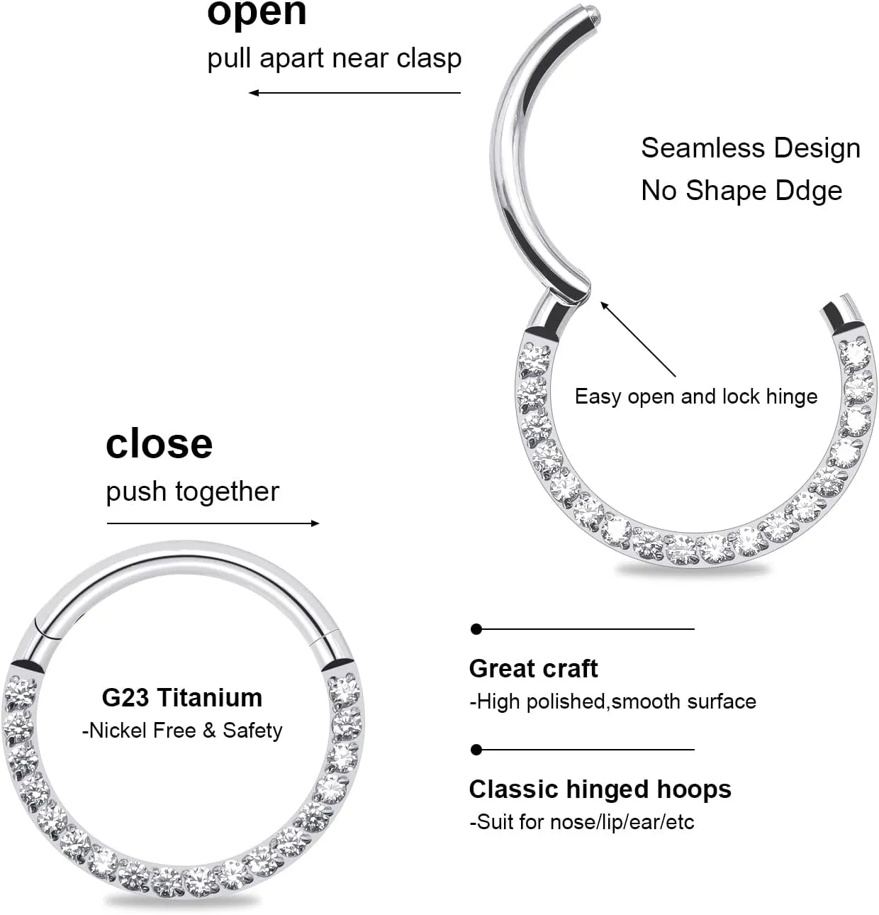 BLISI G23 Titanium Nose Rings Hoop Septum Clicker 16G Hinged Nose Segment Ring Hoop 8mm/9mm/10mm Cubic Zirconia Cartilage Earrings Conch Daith Helix Rook Tragus Ear Body Piercing Jewelry