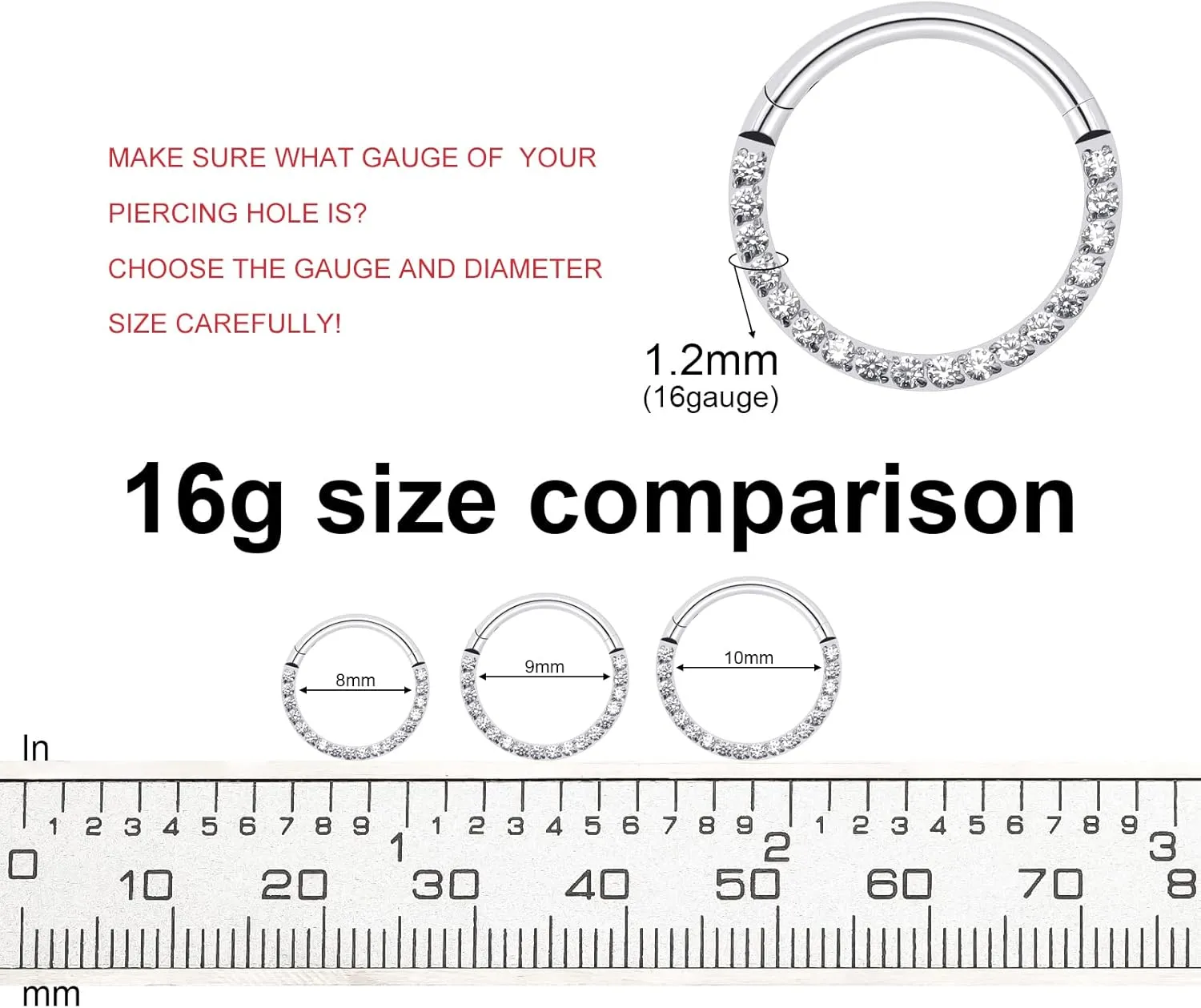 BLISI G23 Titanium Nose Rings Hoop Septum Clicker 16G Hinged Nose Segment Ring Hoop 8mm/9mm/10mm Cubic Zirconia Cartilage Earrings Conch Daith Helix Rook Tragus Ear Body Piercing Jewelry