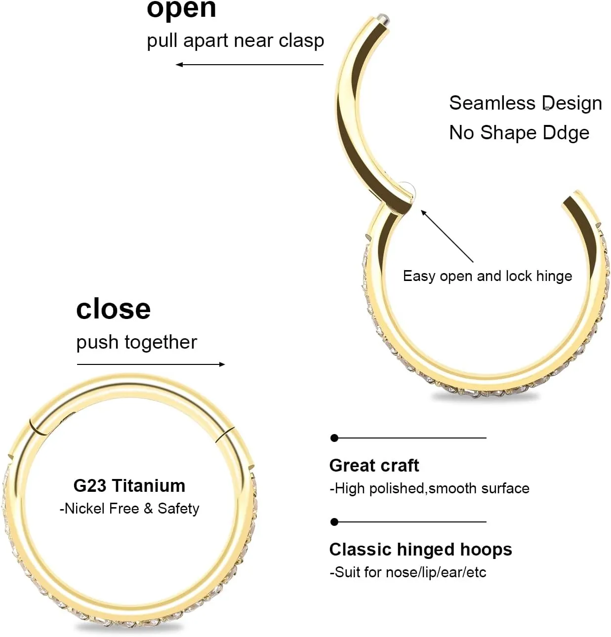 BLISI G23 Titanium Nose Rings Hoop Septum Clicker 16G Hinged Nose Segment Ring Hoop 8mm/9mm/10mm Cubic Zirconia Cartilage Earrings Conch Daith Helix Rook Tragus Ear Body Piercing Jewelry