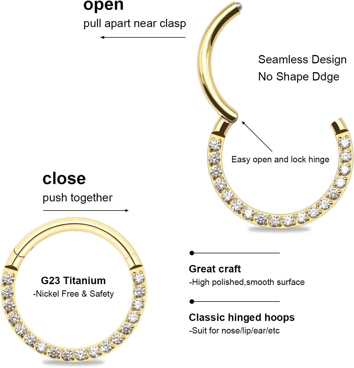 BLISI G23 Titanium Nose Rings Hoop Septum Clicker 16G Hinged Nose Segment Ring Hoop 8mm/9mm/10mm Cubic Zirconia Cartilage Earrings Conch Daith Helix Rook Tragus Ear Body Piercing Jewelry