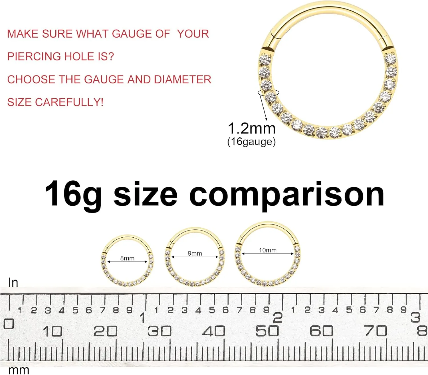 BLISI G23 Titanium Nose Rings Hoop Septum Clicker 16G Hinged Nose Segment Ring Hoop 8mm/9mm/10mm Cubic Zirconia Cartilage Earrings Conch Daith Helix Rook Tragus Ear Body Piercing Jewelry