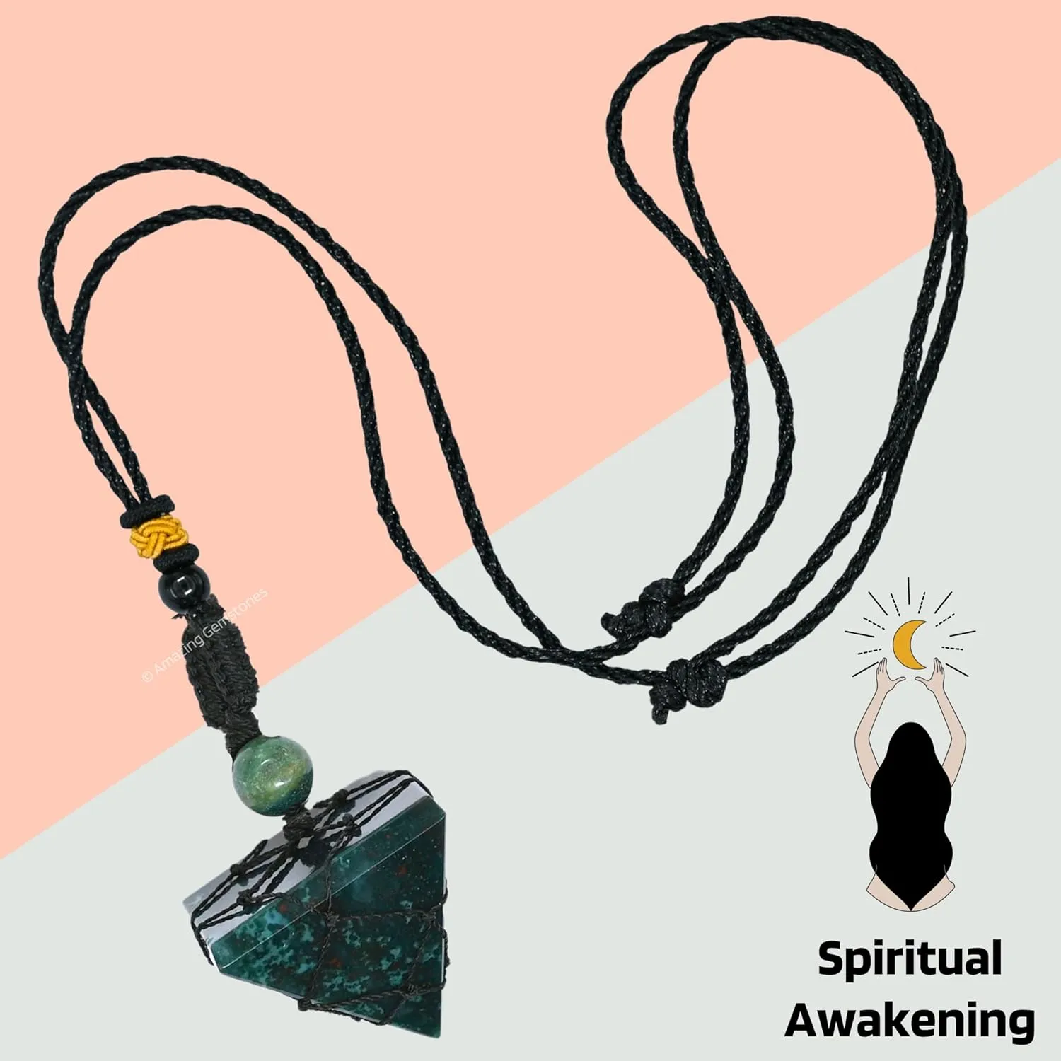 Bloodstone Necklace Crystal Jewelry for Men Women : Stylish Natural Gemstone Men Jewelry, Unique Women Men's Necklace with Crystal Stone Holder Necklace Pyramid (Black Macrame)