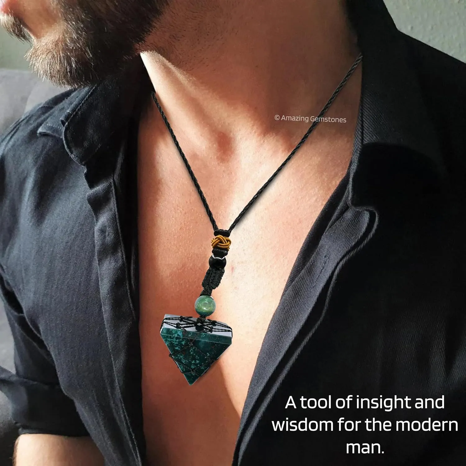 Bloodstone Necklace Crystal Jewelry for Men Women : Stylish Natural Gemstone Men Jewelry, Unique Women Men's Necklace with Crystal Stone Holder Necklace Pyramid (Black Macrame)