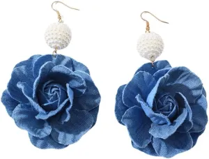 Blue Denim Flower Dangle Hook Statement Earrings Faux Pearl Ball Big Camellia Blossom Dangling Drop Golden Plated Fake Huggie Hoops Earring Boho Jewelry Gifts for Women Bride