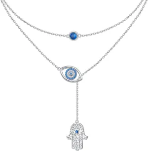 Blue Evil Eye Necklace for Women 925 Sterling Silver Double Chain Protection Hamsa Hand Y Layered Fatima Necklaces Pendant Jewelry Gifts