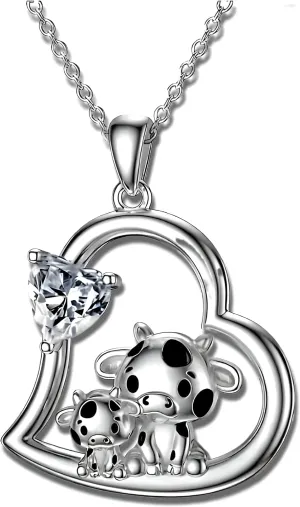 Blue Heart Shaped Mother and her Calf Cow Pendant Necklace for Women - Mother's Day Gift, Christmas, or Birthday Gift