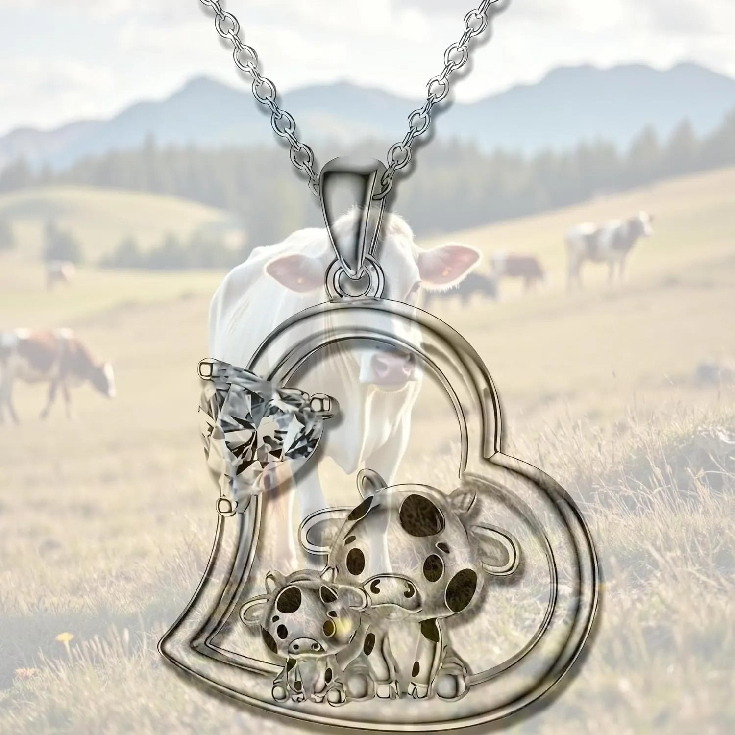 Blue Heart Shaped Mother and her Calf Cow Pendant Necklace for Women - Mother's Day Gift, Christmas, or Birthday Gift