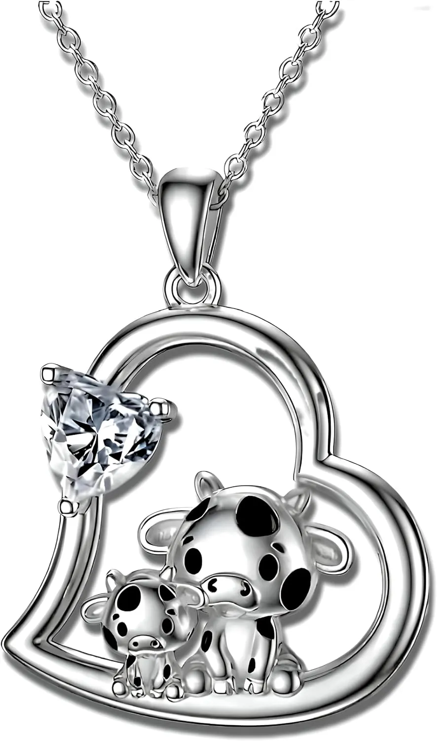 Blue Heart Shaped Mother and her Calf Cow Pendant Necklace for Women - Mother's Day Gift, Christmas, or Birthday Gift