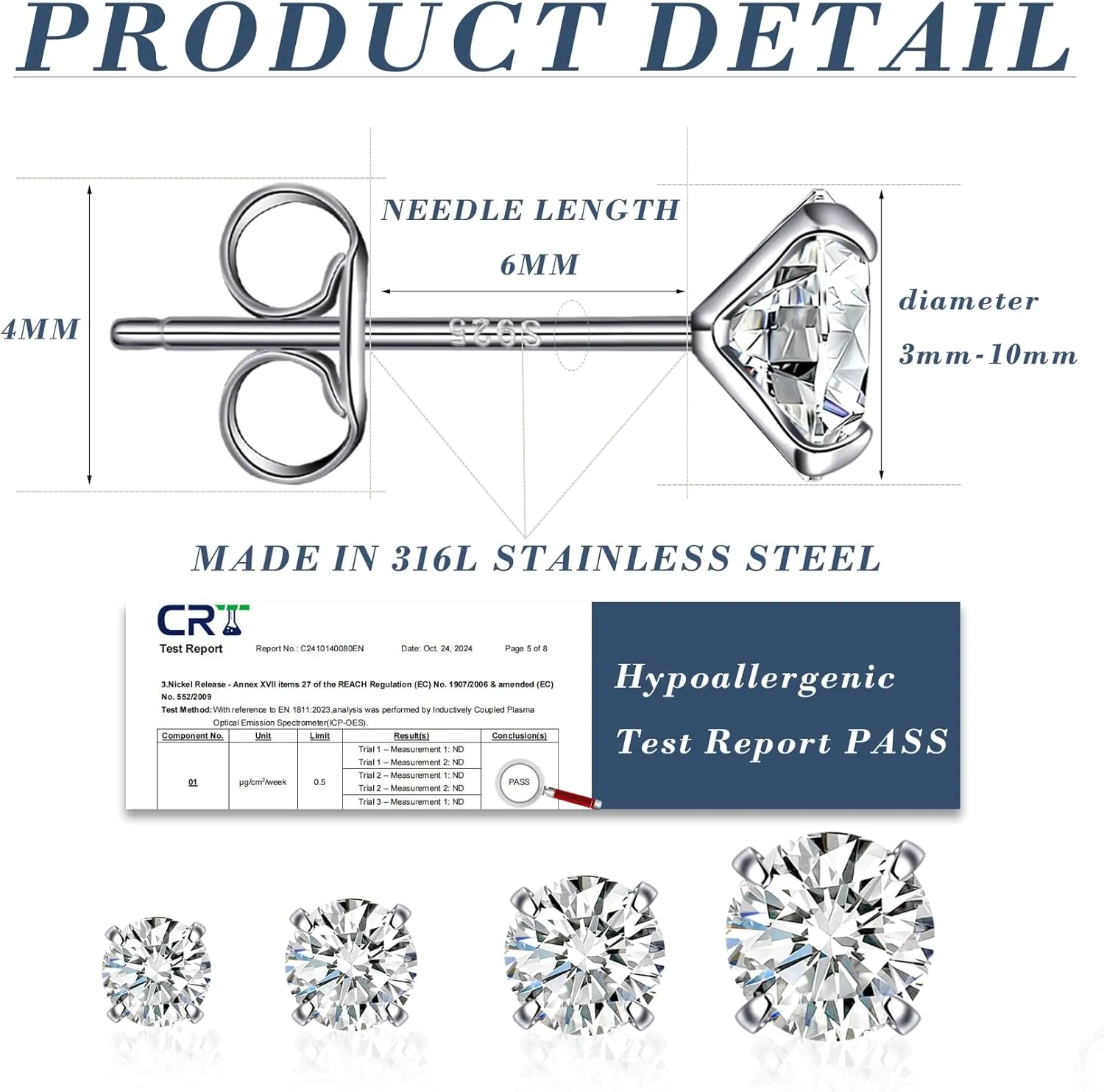 BMMYE Stainless Steel Earrings for Women,Small Stud Earrings with Cubic Zirconia Earrings Studs Set Waterproof Sensitive Earrings Hypoallergenic Stainless Steel Stud Earring for Women