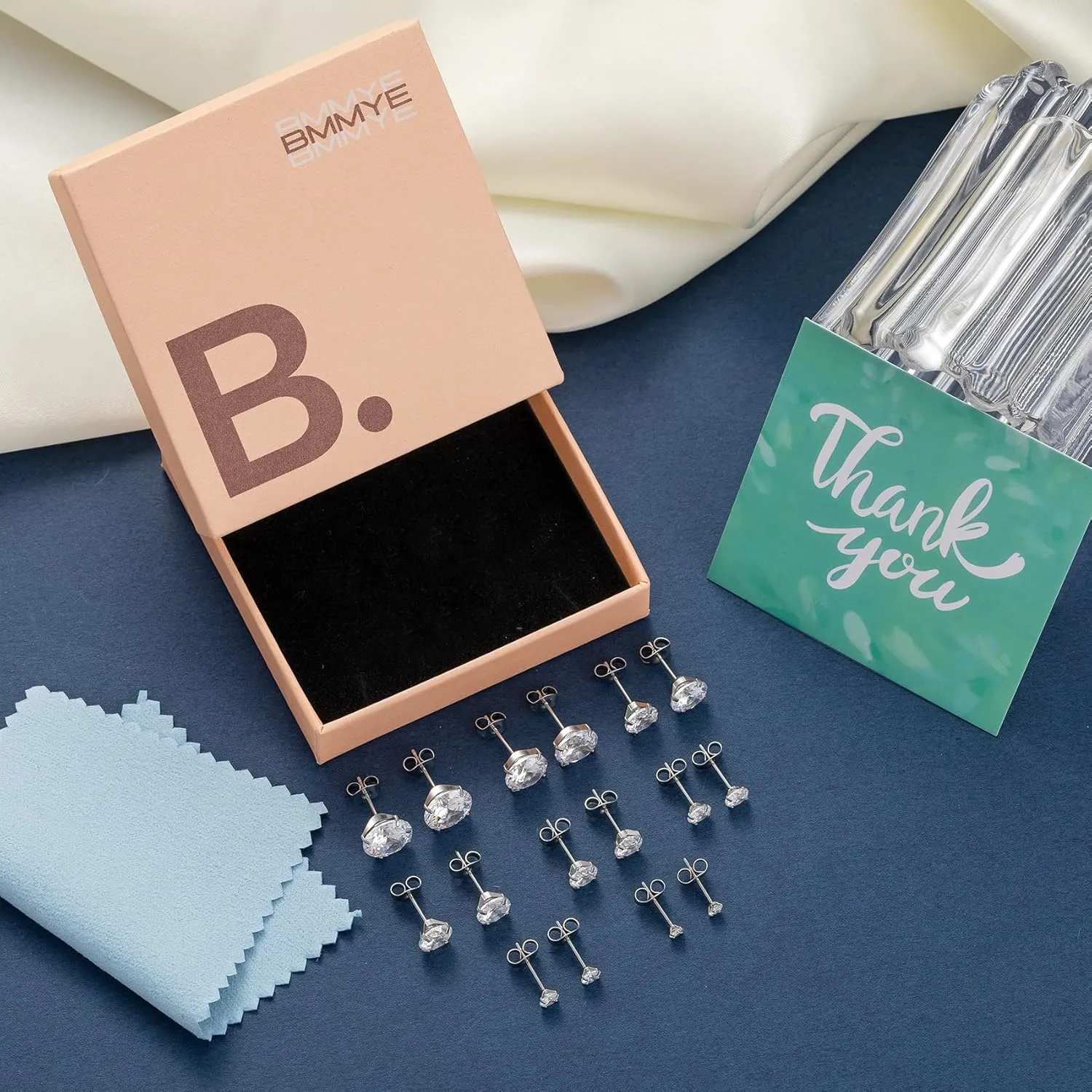 BMMYE Stainless Steel Earrings for Women,Small Stud Earrings with Cubic Zirconia Earrings Studs Set Waterproof Sensitive Earrings Hypoallergenic Stainless Steel Stud Earring for Women