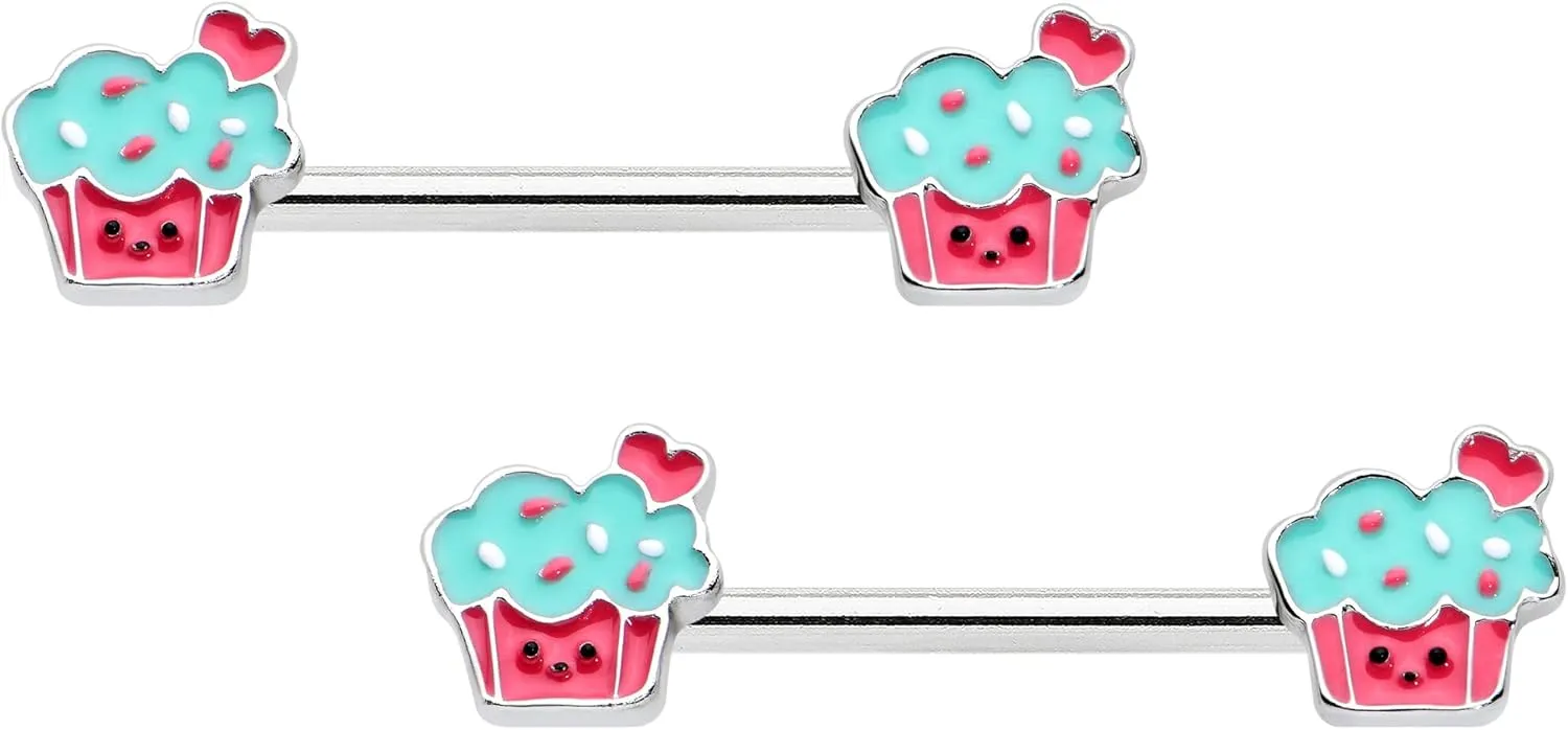Body Candy 14G Womens Nipplerings Piercing 316L Steel 2Pc Sweet Happy Cupcakes Nipple Ring Set 9/16"