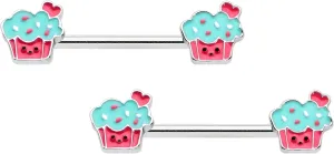 Body Candy 14G Womens Nipplerings Piercing 316L Steel 2Pc Sweet Happy Cupcakes Nipple Ring Set 9/16"