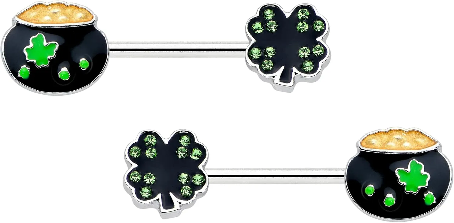 Body Candy 14G Womens Nipplerings Piercing Steel 2Pc Pot Of Gold Shamrock St Patricks Mens Nipple Ring Set 9/16"