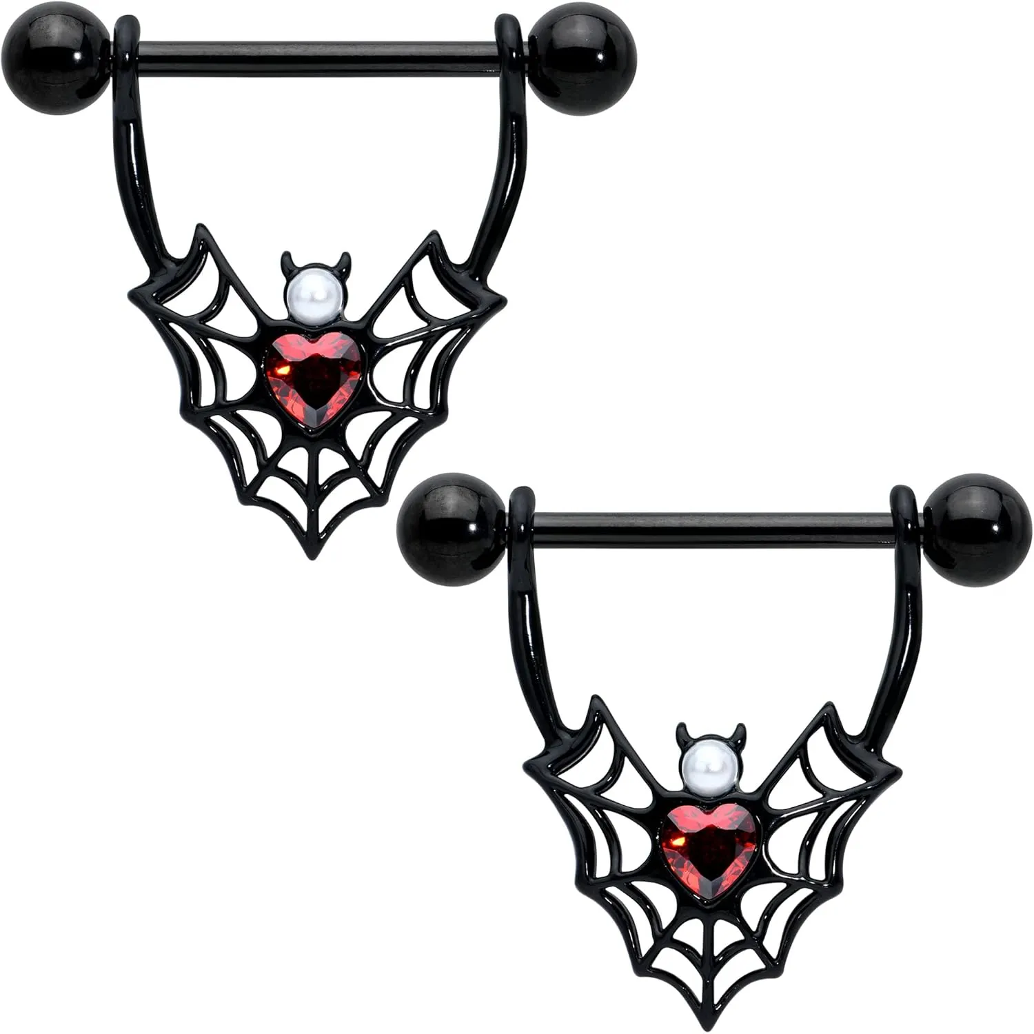 Body Candy 2Pc 14G Nipplerings Piercing Women 316L Steel Black Gothic Bat Heart Nipple Shield Nipple Ring Set 18mm