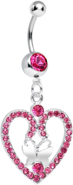 Body Candy Pink Heart Wreathed Butterfly Dangle Belly Ring