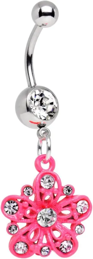 Body Candy Stainless Steel Clear and Pink Flower Dangle Belly Ring