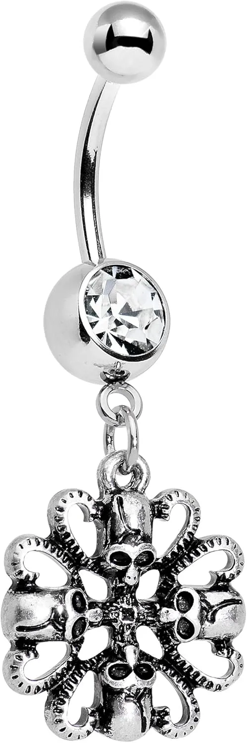 Body Candy Steel Clear Accent Quadruple Halloween Skull and Snake Dangle Belly Ring