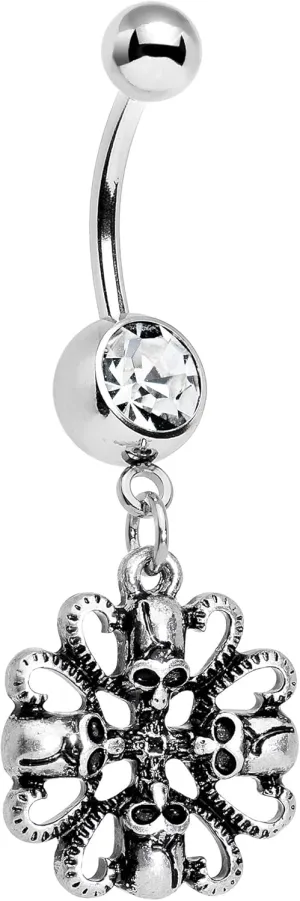 Body Candy Steel Clear Accent Quadruple Halloween Skull and Snake Dangle Belly Ring