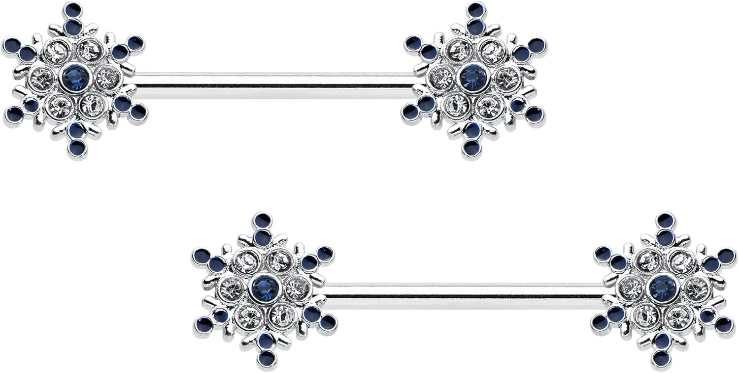 Body Candy Winter Holiday 14G Womens Nipplerings Piercing Stainless Steel 2Pc Christmas Snowflake Barbell Nipple Ring Set 9/16"