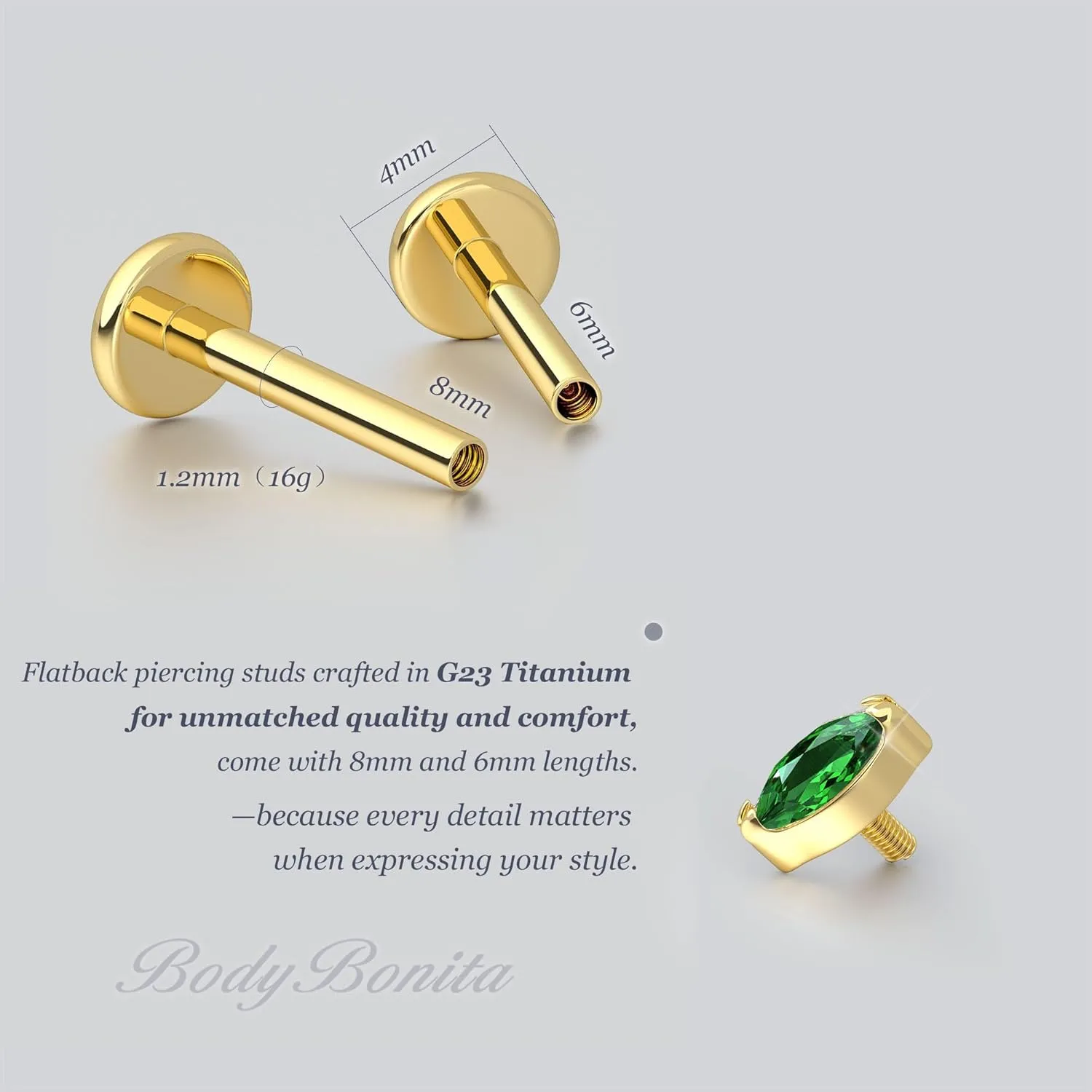 BodyBonita 16G Stud Earrings Flat Back - G23 Titanium Internal Thread Cartilage Earrings for Women Hypoallergenic CZ Stud Piercing Jewelry Tragus/Nose/Helix/Conch/Medusa/Lip/Labret 6mm 8mm