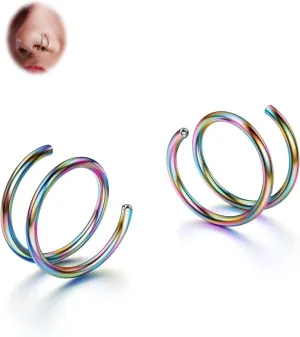 BodyBonita 2-8Pcs Softened 316L Stainless Steel Double Hoop Nose Ring for Single Piercing 22G 20G 18G Bendable Twist Spiral Nose Rings Hoops for Women 8mm 10 mm