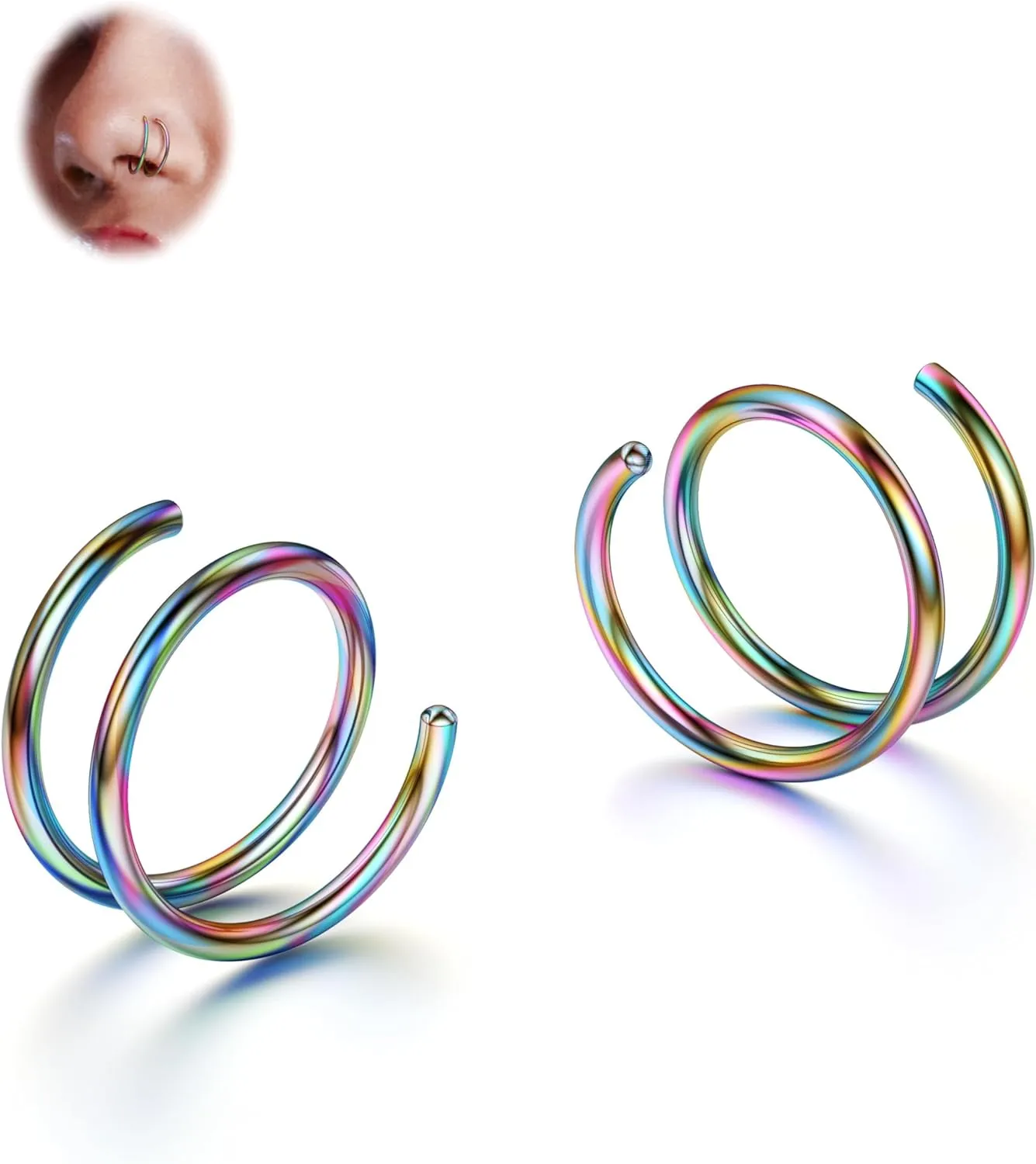 BodyBonita 2-8Pcs Softened 316L Stainless Steel Double Hoop Nose Ring for Single Piercing 22G 20G 18G Bendable Twist Spiral Nose Rings Hoops for Women 8mm 10 mm