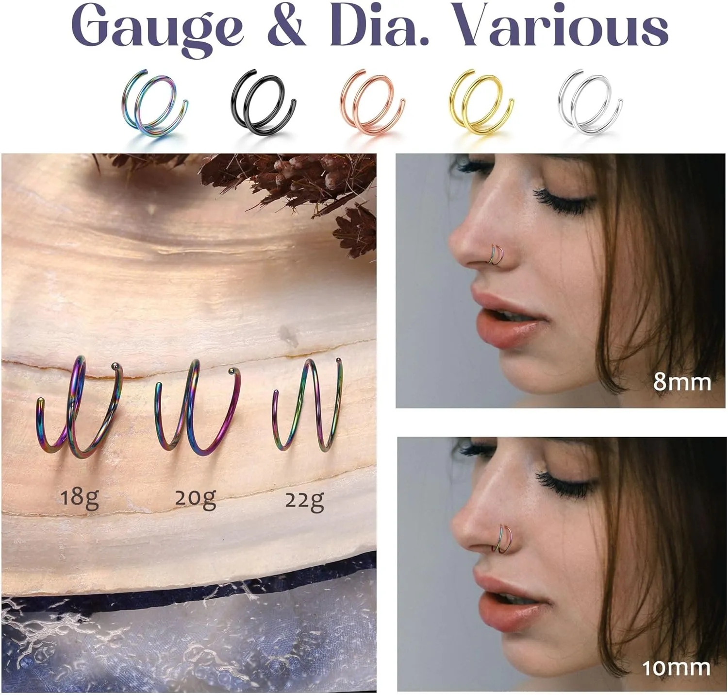 BodyBonita 2-8Pcs Softened 316L Stainless Steel Double Hoop Nose Ring for Single Piercing 22G 20G 18G Bendable Twist Spiral Nose Rings Hoops for Women 8mm 10 mm