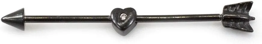 BodyJewelryOnline Industrial Barbell with Heart Design and CZ Gem 14G Black IP