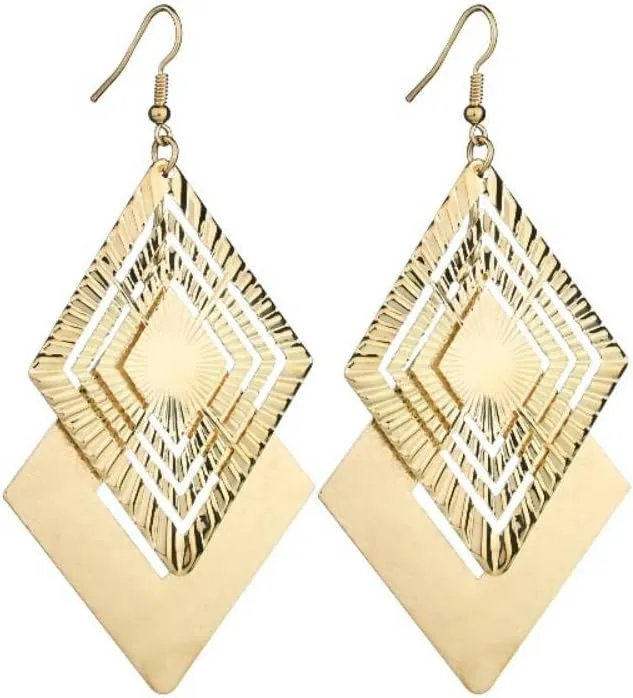 Bohemia Gold Drop Dangle Earrings Spiral Round Disc Long Earrings Retro Hollow Rhomb Statement Chandelier Earrings For Women Girls