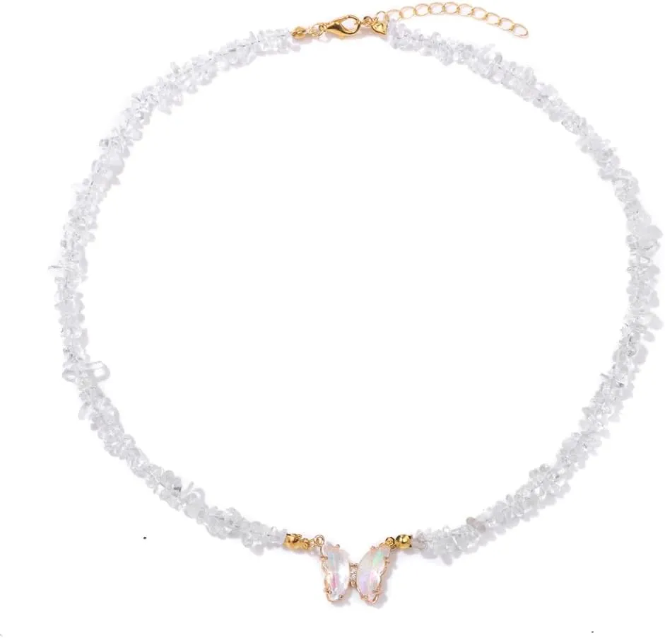 Bohemian Crystal Butterfly Necklaces Stress Relief Anxiety Yoga Pendant,Healing Natural Stone Mantra Choker for Women Teen Girls Friendship Birthday Mothers Day Gift Summer Beach Jewelry