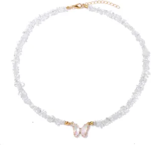 Bohemian Crystal Butterfly Necklaces Stress Relief Anxiety Yoga Pendant,Healing Natural Stone Mantra Choker for Women Teen Girls Friendship Birthday Mothers Day Gift Summer Beach Jewelry