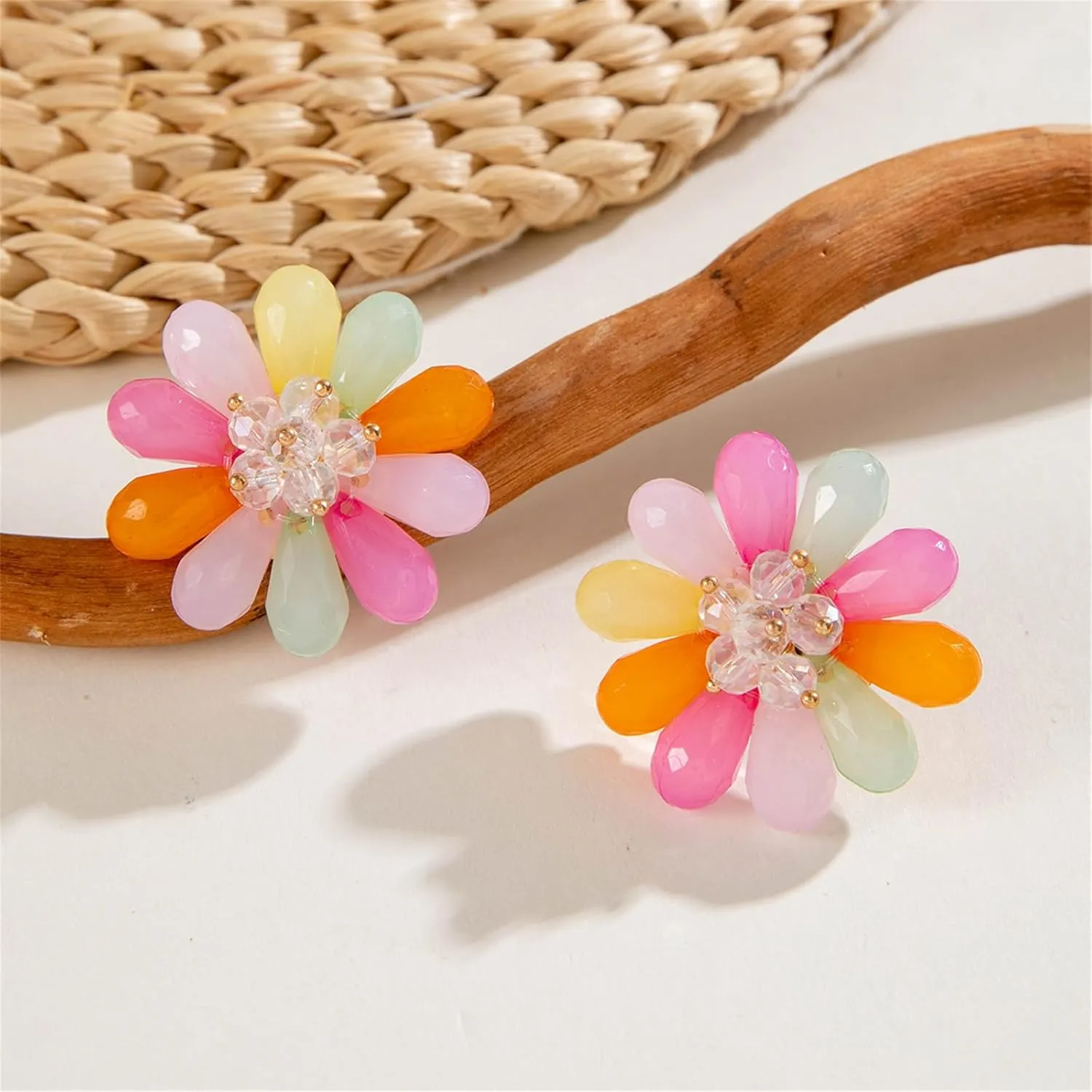 Bohemian Crystal Flower Earrings Cute Daisies Acrylic Matte Flower Large Flower Pendant Earrings Fashion Exaggerated Layered Flower Studs Handmade Spring Petal Earrings Statement Summer Jewelry for Women