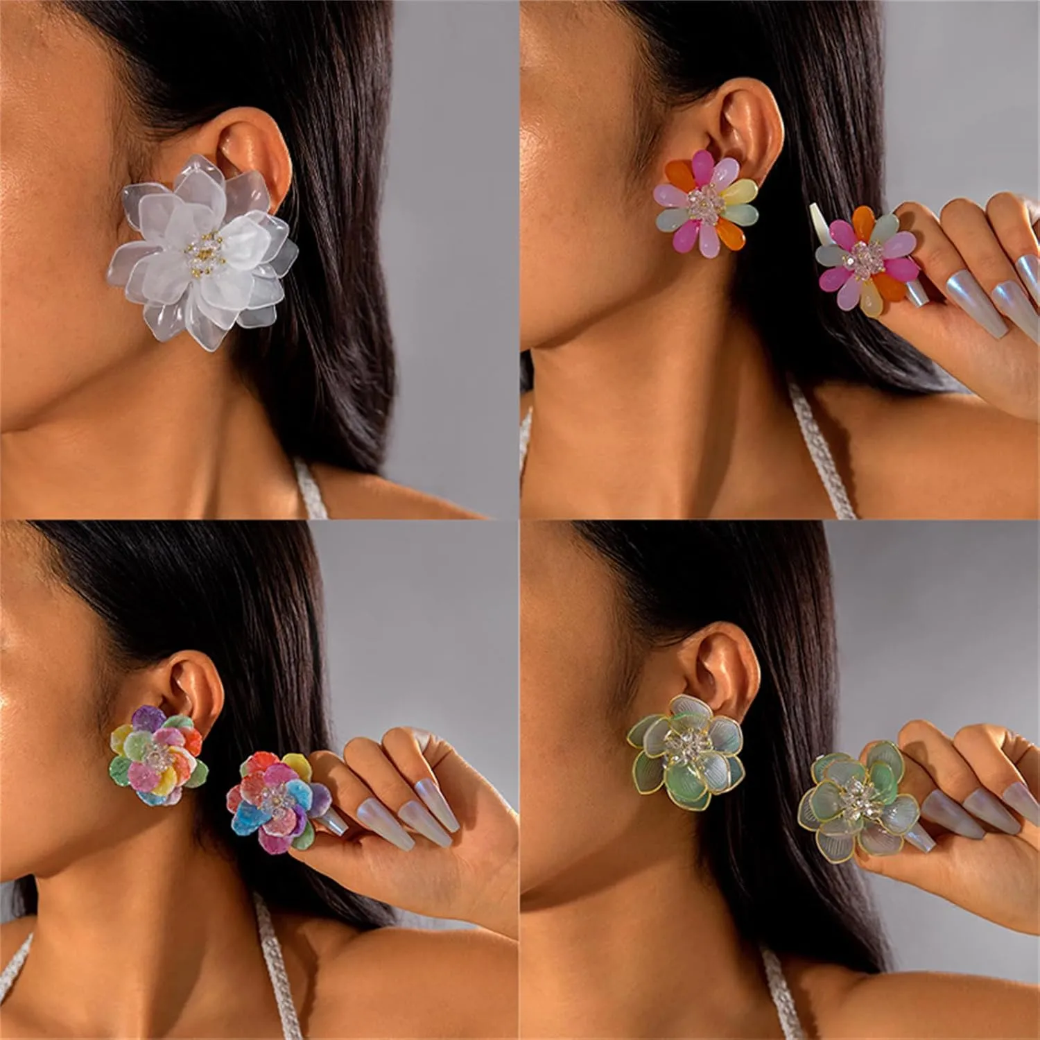 Bohemian Crystal Flower Earrings Cute Daisies Acrylic Matte Flower Large Flower Pendant Earrings Fashion Exaggerated Layered Flower Studs Handmade Spring Petal Earrings Statement Summer Jewelry for Women