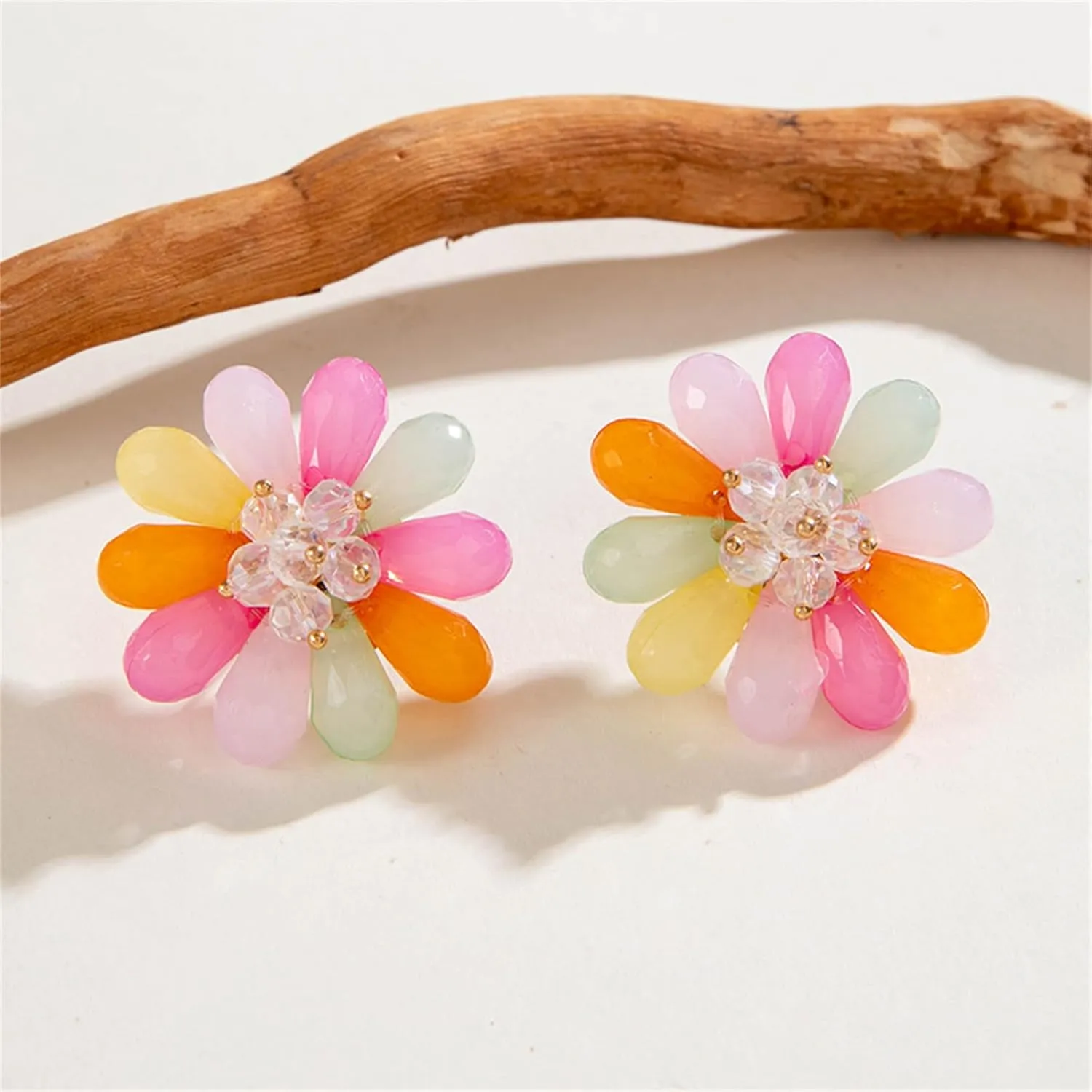 Bohemian Crystal Flower Earrings Cute Daisies Acrylic Matte Flower Large Flower Pendant Earrings Fashion Exaggerated Layered Flower Studs Handmade Spring Petal Earrings Statement Summer Jewelry for Women