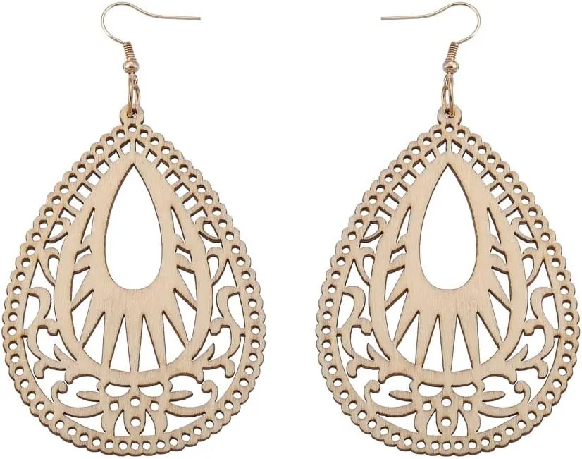 Bohemian Geometric Wood Earrings for Women Vintage Natural Wooden African Lightweight Teardrop Dangle Earrings Statement Boho Jewelry