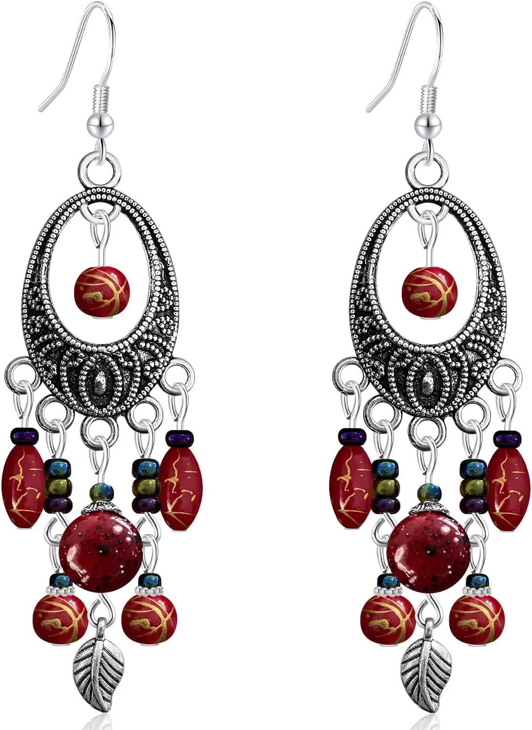 Bohemian Vintage Silver Enamel Tassel Geometry Leaf Lightweight Dangle Drop Earrings National Style Retro Alloy Nature Hook Earrings Women