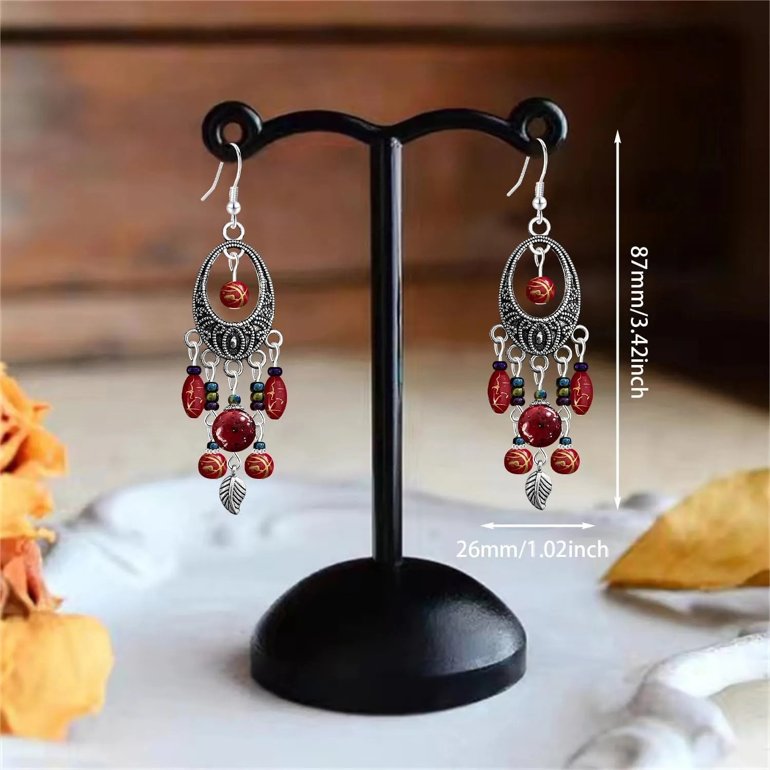 Bohemian Vintage Silver Enamel Tassel Geometry Leaf Lightweight Dangle Drop Earrings National Style Retro Alloy Nature Hook Earrings Women