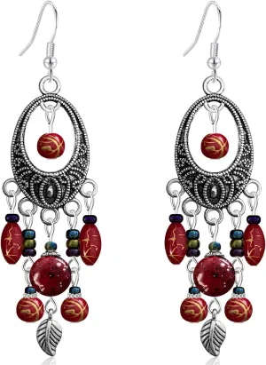 Bohemian Vintage Silver Enamel Tassel Geometry Leaf Lightweight Dangle Drop Earrings National Style Retro Alloy Nature Hook Earrings Women
