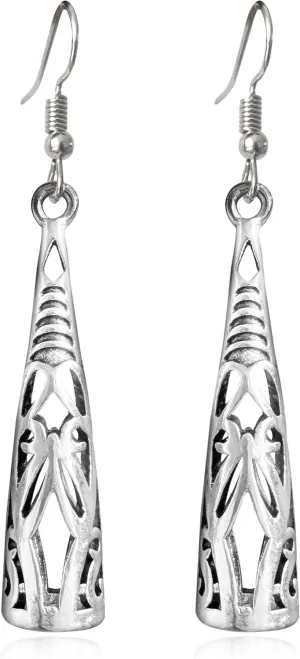 Bohemian Vintage Sliver Hollow Torch Lightweight Dangle Drop Earrings Retro National Style Carving Flower Hook Earrings For Women Jewelry Gifts