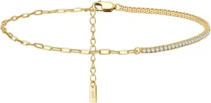 Boho Anklets for Women, Sterling Silver Anklets for Women Paperclip and Tennis Chain Summer Anklets with White Round Shape Cubic Zirconia