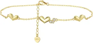 Boho Anklets Women, Womens Anklets Sterling Silver Chain with Heart Anklets Women with White Round Shape Cubic Zirconia