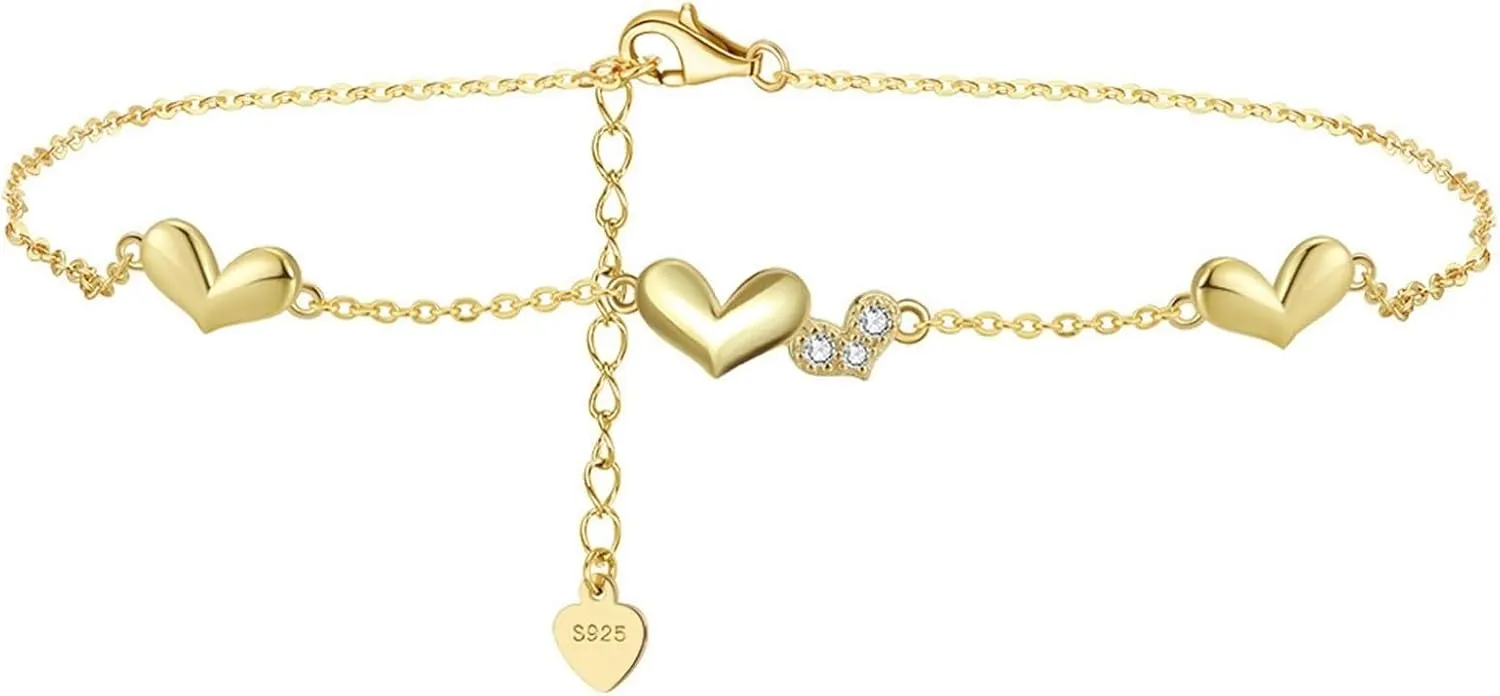 Boho Anklets Women, Womens Anklets Sterling Silver Chain with Heart Anklets Women with White Round Shape Cubic Zirconia