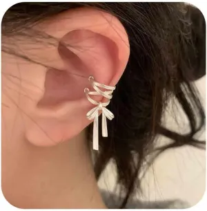 Boho Bow Ear Cuff Earrings Silver Bowknot Cartilage Cuff Earrings Vintage Bow Tie Ribbon Earcuff Earrings Non Pierced Clip On Earrings Jewelry for Women