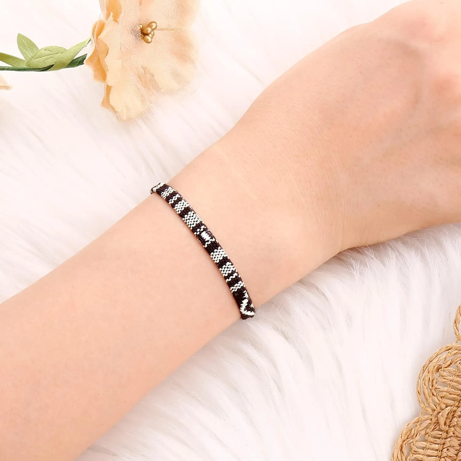 Boho Bracelets for Women & Mens Braided sunmer bracelets for women & men surfer Beach Jewelry Waterproof Adjustable String Rope Anklet (Black and White)