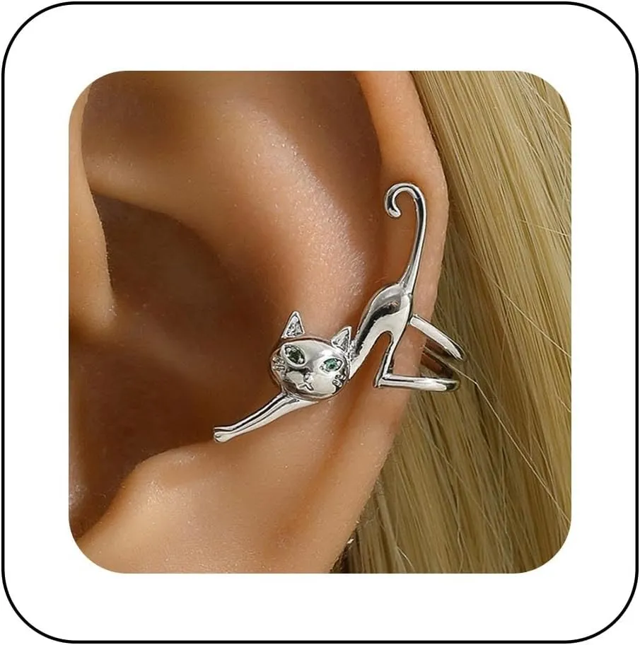 Boho Cat Ear Cuff Earrings Gold Funny Cat Ear Climber Earring Vintage Small Kitty Cartilage Clip Earring Punk Animal Kitten Wrap Hoop Earrings Non Pierced Earrings Jewelry for Women