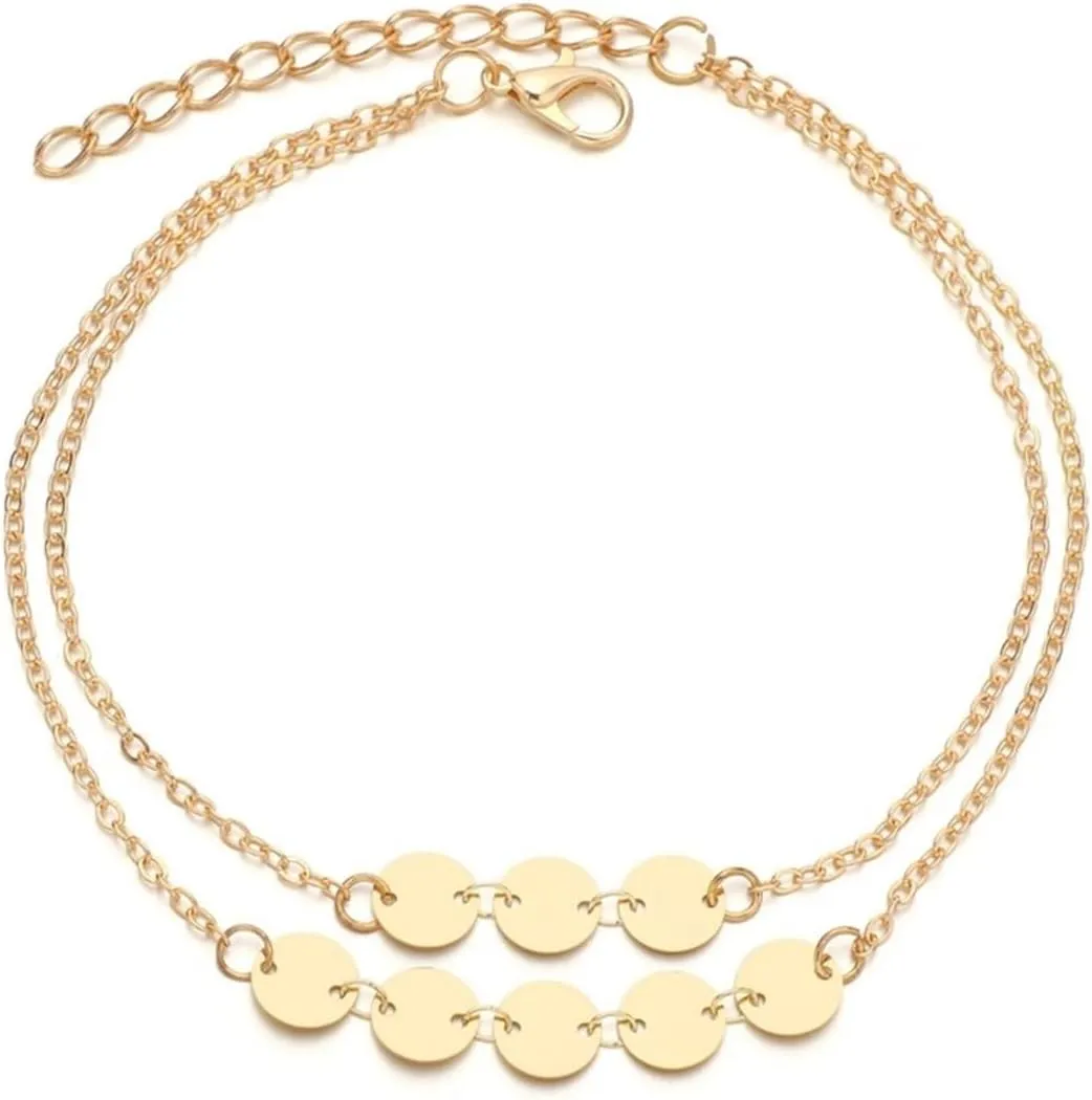Boho Gold Anklets, Ladies Anklets 2 Layer Discs Alloy 24 5cm Body Chain Jewelry