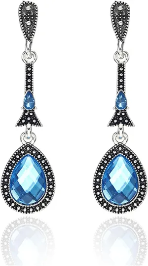 Boho Handmade Earrings for Women Unique Dainty Long Vintage Bohemian Ethnic Blue Crystal Teardrop Dangle Drop Statement Earrings Retro Simple Statement Jewelry